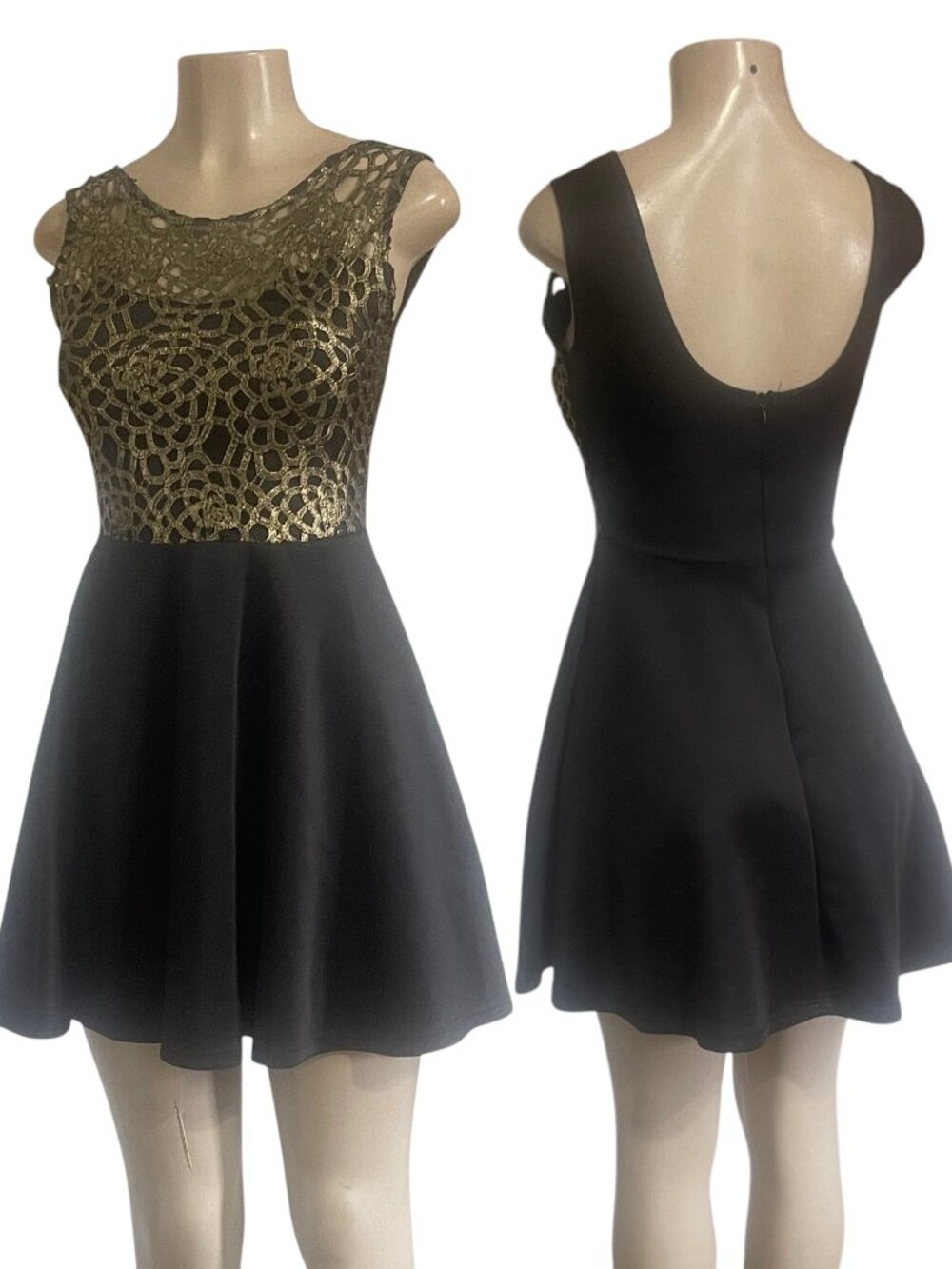 Metallic Gold Black Crochet Lace Overlay Bodycon Mini Size M - Picture 6 of 8